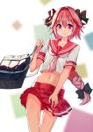  1boy bag braid fate/grand_order fate_(series) hair_ribbon highres long_hair male_focus midriff navel pink_hair ribbon rider_of_black school_uniform serafuku shoulder_bag single_braid trap violet_eyes zhanzheng_zi 