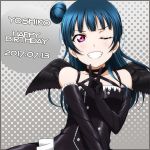  1girl anibache black_gloves blue_hair blush character_name dated elbow_gloves eyebrows_visible_through_hair gloves hair_bun happy_birthday long_hair looking_at_viewer love_live! love_live!_sunshine!! one_eye_closed parted_lips pink_eyes smile solo teeth tsushima_yoshiko upper_body v 