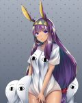  1girl absurdres animal_ears dotted_background earrings eyebrows_visible_through_hair fate/grand_order fate_(series) gradient gradient_background hairband highres hoop_earrings huruneko1014 jewelry long_hair low-tied_long_hair medjed nitocris_(fate/grand_order) parted_lips purple_hair rabbit_ears short violet_eyes 