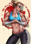  1girl artist_name bandage bandaged_arm bandaged_hands blonde_hair blue_eyes breasts cassie_cage dandon_fuga fist_in_hand large_breasts midriff mortal_kombat_x muscle muscular_female navel short_hair solo sports_bra standing sunglasses 