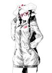  1girl adjusting_glasses animal_ears black_hair commentary_request glasses hair_ribbon hand_on_hip highres hood hoodie horned_girl_(jaco) horns jaco long_hair looking_at_viewer monochrome original red-framed_eyewear red_eyes ribbon simple_background sleeves_past_wrists solo spot_color very_long_hair white_background 