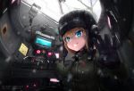  1girl bangs black_gloves blonde_hair blue_eyes commentary_request commission day emblem fang girls_und_panzer gloves green_jumpsuit grin helmet highres huira444 katyusha korean long_sleeves looking_at_viewer pravda_military_uniform short_hair sitting smile snow solo tank_interior upper_body watermark 