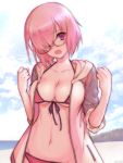  1girl artist_name beach bikini breasts cowboy_shot fate/grand_order fate_(series) glasses hair_over_one_eye jacket looking_to_the_side medium_breasts navel open_clothes open_jacket open_mouth p-kana pink_bikini pink_hair shielder_(fate/grand_order) short_hair solo swimsuit violet_eyes 
