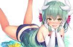  1girl aqua_hair arm_support ass benitsuki_tsubasa bikini blush breasts commentary_request elbow_gloves eyebrows_visible_through_hair fate/grand_order fate_(series) gloves horns kiyohime_(fate/grand_order) large_breasts legs_up long_hair looking_at_viewer lying on_stomach open_mouth smile solo swimsuit water yellow_eyes 