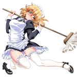  1girl alternate_costume apron blonde_hair blush breasts enmaided frilled_apron frilled_legwear frills green_eyes large_breasts maid maid_apron maid_headdress mary_janes mizuhashi_parsee mop ootsuki_wataru pointy_ears puffy_sleeves shoes short_hair single_shoe solo thigh-highs touhou twitter white_legwear 