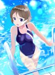  1girl blue_eyes brown_hair competition_swimsuit cowboy_shot hinomoto_souya looking_at_viewer love_live! love_live!_sunshine!! one-piece_swimsuit partially_submerged pool_ladder short_hair solo swimsuit watanabe_you water 