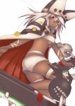  1girl absurdres akahuzi ass breasts brown_eyes cleavage dark_skin guilty_gear guilty_gear_xrd highres large_breasts long_hair looking_at_viewer parted_lips ramlethal_valentine solo under_boob white_hair 