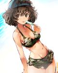  1girl akiyama_yukari bangs baseball_cap bikini blue_hat breasts brown_eyes brown_hair camouflage camouflage_bikini cleavage collarbone commentary_request cowboy_shot dutch_angle food garakuta girls_und_panzer groin halter_top halterneck hat highres holding holding_food looking_at_viewer medium_breasts messy_hair navel popsicle short_hair solo standing stomach swimsuit tongue tongue_out water 