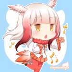  1girl chibi head_wings japanese_crested_ibis_(kemono_friends) kemono_friends pantyhose red_legwear red_skirt redhead shibi short_hair skirt solo twitter_username white_hair yellow_eyes 