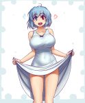  1girl ahoge bangs bare_legs blue_dress blue_eyes blue_hair breasts collarbone dress dress_lift eyebrows_visible_through_hair hater_(hatater) heterochromia highres large_breasts lifted_by_self looking_at_viewer open_mouth red_eyes short_hair smile solo standing tatara_kogasa teeth touhou white_background 