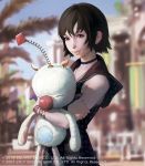  1girl black_hair blurry blurry_background brown_eyes choker final_fantasy final_fantasy_xv highres hood ilya_kuvshinov iris_amicitia looking_at_viewer lord_of_vermilion lord_of_vermilion_iv moogle official_art parted_lips short_hair sleeveless solo stuffed_toy watermark 