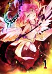  1girl angel_wings breasts bridal_gauntlets crop_top evil_smile feathered_wings gloves gradient_hair halo highres ikasoke_(likerm6au) jibril_(no_game_no_life) large_breasts long_hair low_wings magic_circle midriff mismatched_legwear multicolored_hair navel no_game_no_life open_mouth pink_hair sideboob smile solo tattoo thigh-highs white_wings wing_ears wings yellow_eyes 