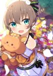  1girl :d ahoge bangs blurry blurry_background blush brown_hair cat_hair_ornament collarbone commentary_request depth_of_field eyebrows_visible_through_hair fang green_eyes hair_between_eyes hair_ornament highres hololive jacket looking_at_viewer natsuiro_matsuri navel object_hug off-shoulder_jacket okota_mikan open_mouth orange_jacket pleated_skirt puffy_short_sleeves puffy_sleeves short_sleeves side_ponytail sidelocks skirt smile solo stuffed_animal stuffed_squirrel stuffed_toy virtual_youtuber white_skirt 