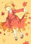  1girl ;) ahoge aki_shizuha autumn_leaves blonde_hair blouse hair_ornament highres leaf leaf_hair_ornament looking_at_viewer mary_janes one_eye_closed shoes short_hair skirt skirt_set smile so_happy_64 socks solo touhou yellow_eyes 