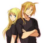  1boy 1girl back-to-back black_shirt blonde_hair blue_eyes couple crossed_arms earrings edward_elric eyebrows_visible_through_hair fullmetal_alchemist jewelry long_hair long_sleeves looking_at_another looking_at_viewer looking_back lowres ponytail riru shirt simple_background smile white_background winry_rockbell yellow_eyes 