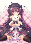  1girl bare_shoulders black_hair black_legwear chocolate commentary_request garter_straps gothic_lolita hairband lolita_fashion lolita_hairband long_hair original pout rubi-sama solo stuffed_animal stuffed_toy teddy_bear thigh-highs two_side_up violet_eyes 