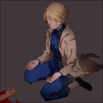  1girl black_shoes blonde_hair blood coat dirty dirty_clothes fullmetal_alchemist grey_background kneeling outstretched_hand riru riza_hawkeye sad shaded_face shoes short_hair simple_background solo uniform 