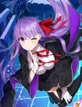  1girl bb_(fate/extra_ccc) cape fate/extra fate/extra_ccc fate_(series) gloves hair_ribbon one_eye_closed purple_hair ribbon shirako_miso skirt solo thigh-highs violet_eyes 