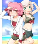  10s 2girls blonde_hair green_eyes gudon_(iukhzl) jacket kantai_collection kunashiri_(kantai_collection) multiple_girls open_mouth pink_hair shimushu_(kantai_collection) short_hair smile swimsuit two_side_up 