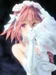  1boy albreo blush braid bridal_veil bride dress elbow_gloves fate/apocrypha fate/grand_order fate_(series) flower gloves hair_flower hair_ornament hair_ribbon highres long_hair male_focus pink_hair ribbon rider_of_black single_braid smile trap veil violet_eyes wedding_dress 