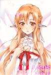  1girl artist_name asuna_(sao) at_classics bangs bare_shoulders blush braid breasts brown_eyes brown_hair cleavage closed_mouth expressionless eyebrows_visible_through_hair french_braid hair_between_eyes large_breasts long_hair looking_at_viewer pointy_ears sample short_sleeves sidelocks solo sword_art_online traditional_media upper_body watermark 