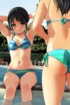  2girls armpits arms_behind_head ass bikini black_eyes black_hair blush breasts eyebrows_visible_through_hair highres long_hair looking_at_viewer matsunaga_kouyou multiple_girls original pool swimsuit wading wet 