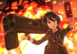  1girl black_hair cellphone cellphone_camera dreadtie explosion explosive grenade highres open_mouth original phone rocket_launcher self_shot short_hair signature solo standing violet_eyes weapon 