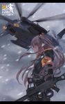  1girl aircraft armband breasts brown_eyes brown_hair closed_mouth copyright_name cowboy_shot fingerless_gloves girls_frontline gloves gun helicopter highres hood jacket litra_(ltr0312) long_hair looking_to_the_side outdoors profile scar scar_across_eye small_breasts snow solo standing submachine_gun twintails ump45_(girls_frontline) weapon 