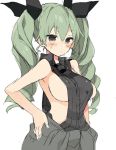  1girl adapted_uniform anchovy anzio_military_uniform bangs black_necktie black_ribbon black_shirt blush breasts brown_eyes closed_mouth clothes_around_waist dress_shirt drill_hair girls_und_panzer green_hair grey_pants hair_ribbon hands_on_hips jacket_around_waist long_hair looking_at_viewer medium_breasts military military_uniform necktie pants ribbon shirt short_necktie side_cutout sideboob simple_background sketch sleeveless sleeveless_shirt solo standing sweat twin_drills twintails uniform upper_body white_background 