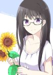  1girl aa_(sin2324) bangs black-framed_eyewear black_hair breasts closed_mouth collarbone eyebrows_visible_through_hair flower glasses highres himawari-san himawari-san_(character) holding holding_flower long_hair looking_at_viewer shirt sidelocks small_breasts smile solo sunflower t-shirt two-tone_background upper_body violet_eyes white_shirt 