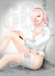  1girl bandage breasts chikaburo cleavage hair_over_one_eye hairband large_breasts lingerie one_piece open_mouth pink_hair sitting solo tattoo underwear vinsmoke_reiju violet_eyes 