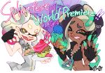 2girls absurdres black_gloves cake crop_top dark_skin english fingerless_gloves food gloves gradient_hair green_eyes green_hair grin headphones highres ice_cream inoue_seita looking_at_viewer marina_(splatoon) midriff multicolored_hair multiple_girls nintendo octarian official_art one_eye_closed open_mouth partially_unzipped pearl_(splatoon) purple_hair sleeveless smile splatoon splatoon_2 tagme tentacle_hair unzipped white_hair yellow_eyes zipper zipper_pull_tab