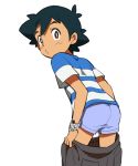  1boy black_hair boxers bright_pupils brown_eyes cowboy_shot djmn_c dressing from_behind looking_at_viewer looking_back male_focus pokemon pokemon_(anime) pokemon_sm_(anime) satoshi_(pokemon) shirt short_hair simple_background solo striped striped_shirt t-shirt underwear whisker_markings white_background z-ring 