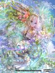  1girl ahoge bare_shoulders bird blonde_hair blue_eyes copyright_name curly_hair day feathered_wings flower force_of_will gloves leaf nanahara_shie official_art sky solo sparkle wings 