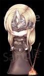  1girl beancurd black_background blindfold blonde_hair bonfire cape chibi cloak covered_eyes dark_souls_iii dress expressionless fire fire_keeper hood hooded_cloak jewelry long_hair pendant solo souls_(from_software) standing sword weapon 