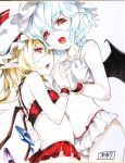  2girls asutora bat_wings bikini bikini_skirt blonde_hair blue_hair flandre_scarlet hair_between_eyes hand_holding hat hat_ribbon highres interlocked_fingers looking_at_viewer mob_cap multiple_girls open_mouth pointy_ears red_bikini red_eyes red_ribbon remilia_scarlet ribbon scan short_hair siblings simple_background sisters swimsuit touhou white_background white_bikini wings 