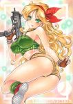  artist_name ass at_classics bangs bare_legs blush bow breasts brown_gloves brown_shorts dragon_ball erect_nipples eyebrows_visible_through_hair fingerless_gloves gloves green_eyes gun hair_bow holding holding_gun holding_weapon imi_uzi large_breasts long_hair looking_at_viewer lunch_(dragon_ball) midriff open_mouth red_bow sample shoes shorts smile submachine_gun traditional_media twisted_torso watermark wavy_hair weapon 