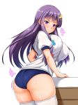  1girl alternate_costume ass blue_bow bow breasts buruma commentary_request ebi_193 gym_uniform hair_bow huge_breasts long_hair looking_at_viewer patchouli_knowledge puffy_sleeves purple_hair red_bow simple_background solo standing thigh-highs touhou vaulting_horse violet_eyes white_background white_legwear 