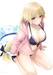  1girl akame_(akamiru) bikini bikini_under_clothes blonde_hair blue_bikini blush bow braid breasts cleavage collarbone commentary_request fate/apocrypha fate/grand_order fate_(series) hair_bow hood hoodie innertube jacket large_breasts long_hair looking_at_viewer looking_up navel open_clothes open_jacket pink_jacket sandals seiza side-tie_bottom simple_background sitting smile solo swimsuit thighs violet_eyes white_background 