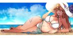  1girl artist_name beach bikini blue_sky blush breasts brown_hair cleavage clouds cloudy_sky criss-cross_halter etsem full_body girls_frontline gluteal_fold green_eyes hair_between_eyes halterneck hat jpeg_artifacts large_breasts letterboxed long_hair looking_at_viewer lying m1903_springfield_(girls_frontline) navel o-ring_bikini on_side one-piece_tan outdoors sandals sarong sky solo sun_hat sunglasses sweat swimsuit tan tanline thigh_gap 