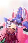  1girl animal_print bangs blue_bodysuit blush bodysuit breasts brown_eyes brown_hair bunny_print covered_navel d.va_(overwatch) eyes_visible_through_hair facepaint facial_mark foreshortening gloves headphones high_collar legs_together long_hair looking_at_viewer lying mecha medium_breasts meka_(overwatch) on_back outstretched_arm overwatch pilot_suit ribbed_bodysuit self_shot shoulder_pads simple_background skin_tight skyrail smile solo swept_bangs upside-down whisker_markings white_background white_gloves 