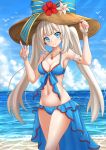  1girl armpits bare_shoulders beach bikini bikini_skirt blue_bikini blue_eyes blue_sky blush breasts clouds commentary cowboy_shot day fate/grand_order fate_(series) flower hand_on_headwear hat hat_flower hat_ribbon head_tilt highres jewelry kazenokaze legs_crossed long_hair looking_at_viewer marie_antoinette_(fate/grand_order) medium_breasts navel necklace outdoors ribbon sky smile solo sun_hat swimsuit twintails v very_long_hair water white_hair wrist_cuffs 