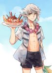  1boy anocurry blue_sky corn fire_emblem fire_emblem_heroes fire_emblem_if food holding ice_cream looking_at_viewer male_my_unit_(fire_emblem_if) my_unit_(fire_emblem_if) open_clothes open_shirt shirt shorts sky smile solo white_hair 