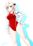  1girl blonde_hair blue_eyes braid competition_swimsuit dakku_(ogitsune) high_school_fleet jacket jacket_over_swimsuit long_hair one-piece_swimsuit solo standing swimsuit wilhelmina_braunschweig_ingenohl_friedeburg 