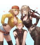  1boy 2girls :3 aranea_highwind armor baseball_cap belt blonde_hair blush bra breasts cidney_aurum cleavage cropped_jacket denim denim_shorts final_fantasy final_fantasy_xv green_eyes hand_on_another&#039;s_shoulder hat heart looking_at_viewer midriff multiple_girls navel one_eye_closed prompto_argentum sasanomesi short_shorts shorts shoulder_spikes sleeveless smile spikes spiky_hair thigh-highs thong underwear 