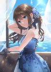  1girl bare_shoulders black_gloves blue_dress blush brown_hair dress gloves green_eyes highres idolmaster idolmaster_cinderella_girls idolmaster_cinderella_girls_starlight_stage long_hair looking_at_viewer nasuko shibuya_rin sketch smile solo window 