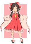  1girl ascot black_hair blouse bow detached_sleeves frilled_skirt frills hair_bow hair_tubes hakurei_reimu hands_in_sleeves head_tilt highres large_bow long_hair looking_at_viewer no_nose pleated_skirt red_eyes sandals skirt skirt_set smile so_happy_64 socks solo touhou wide_sleeves 