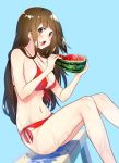  10s 1girl :o akagi_(kantai_collection) amayu bikini blue_background blush breasts brown_eyes brown_hair cleavage dutch_angle eating eyebrows_visible_through_hair food food_on_face from_side front-tie_bikini front-tie_top fruit kantai_collection large_breasts long_hair looking_at_viewer navel red_bikini side-tie_bikini simple_background sitting solo swimsuit watermelon wet 