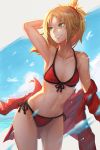  1girl arm_behind_head bare_shoulders bikini bird blonde_hair blue_sky braid breasts clouds collarbone day fate/apocrypha fate/grand_order fate_(series) green_eyes hair_ornament hair_scrunchie jacket koyoriin leaning_forward long_hair looking_to_the_side mordred_(swimsuit_rider)_(fate) motion_blur navel parted_lips ponytail red_bikini red_jacket saber_of_red scrunchie shiny shiny_hair side-tie_bikini sky small_breasts smile solo standing swimsuit teeth water water_drop 
