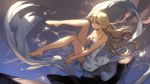  1girl bare_legs bare_shoulders barefoot blonde_hair breasts brown_eyes cleavage dress full_body highres lee_hyeseung long_hair looking_at_viewer medium_hair original own_hands_together sky solo strapless strapless_dress white_dress 